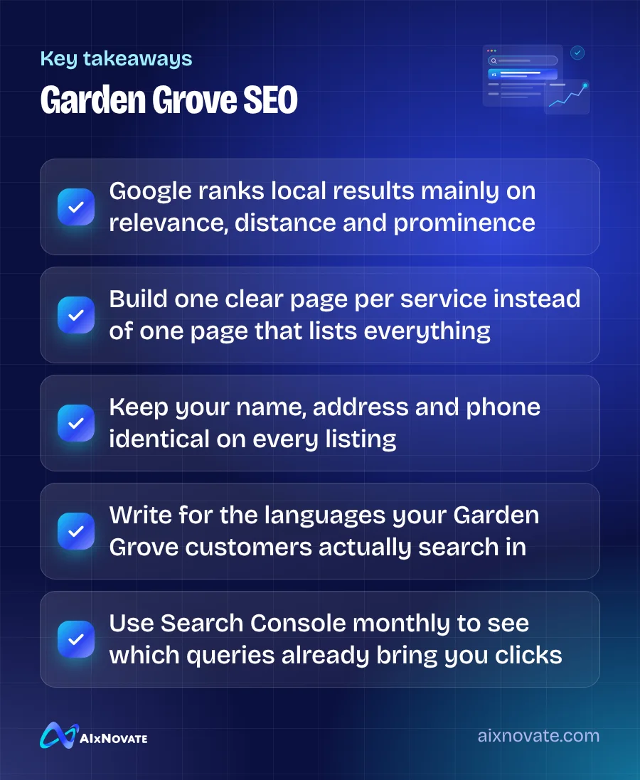 Key takeaways checklist: Garden Grove SEO