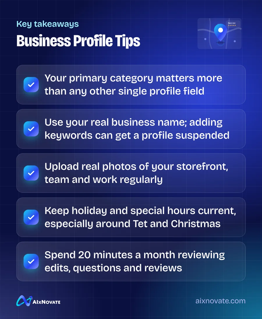 Key takeaways checklist: Business Profile Tips